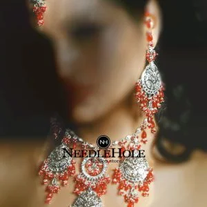 Dazzling Sterling Silver Pakistani Wedding Jewellery Necklace, Earrings & Tika For Beautiful Brides