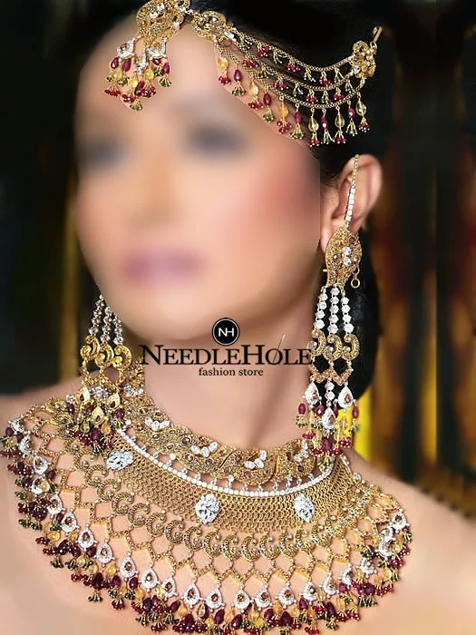 Traditional Pakistani Bridal Jewellery Necklace Jhumar Set Comes With Earrings Pair & Tika