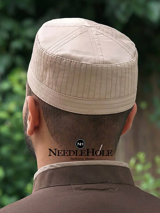 Prayer hat in almond color with detailed topstitching on the 3 different sections of this hat make this a unique