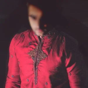 Jamawar Shalwar Kameez for Men, Embroidered Collar, Neck, Front and Sleeves, Venetian Red