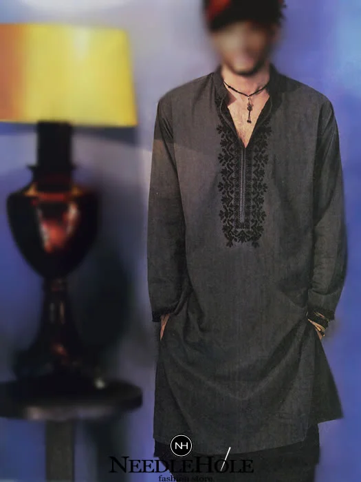 Cotton Silk Shalwar Kameez for Men, Embroidered Neck and Sleeves, Davys Grey
