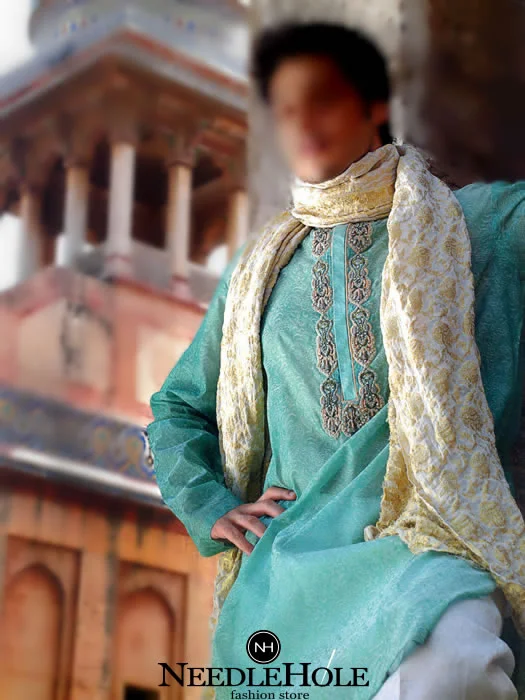 Jamawar Shalwar Kameez for Men, Embroidered Collar and Front, Turquoise