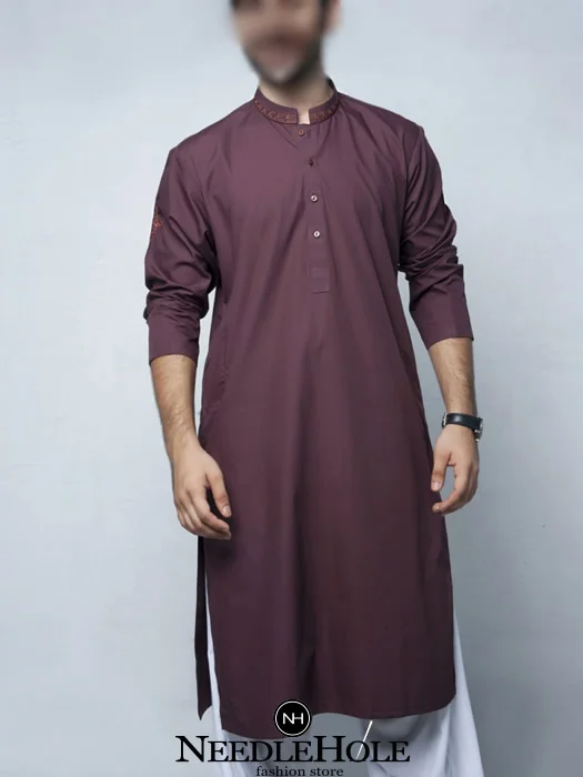 Kurta shalwar for men in cotton silk fabric, embroidered collar, mauve taupe
