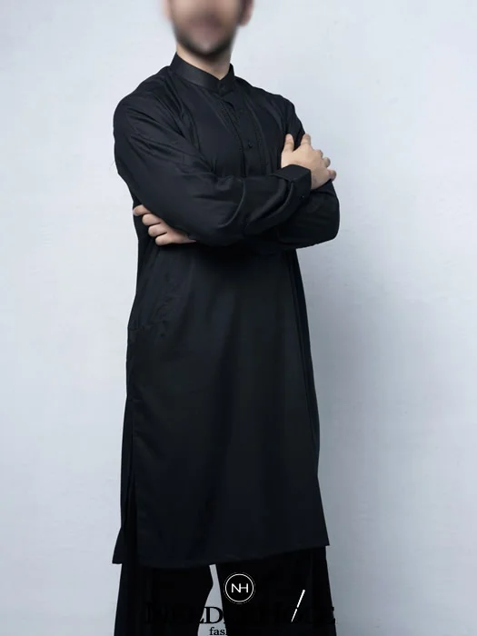Embroidered kurta shalwar suit for men in black color