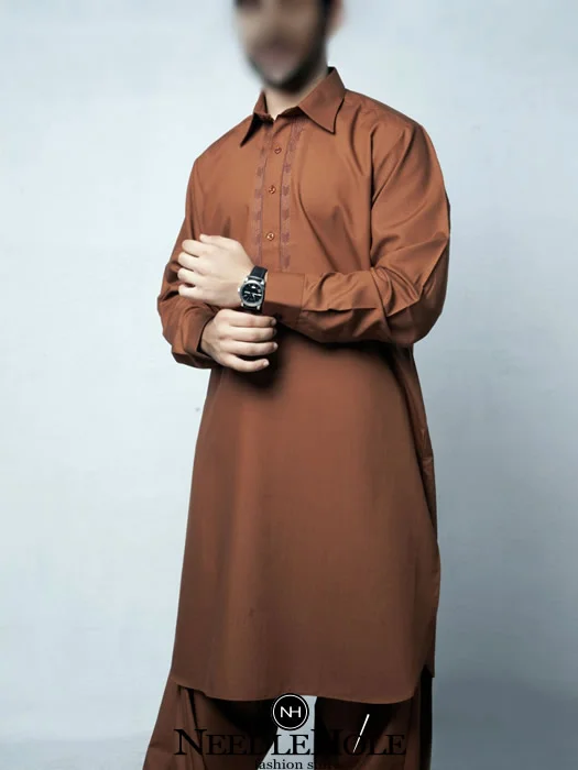 Beautiful shalwar kameez suit for men with embroidered front in brown color