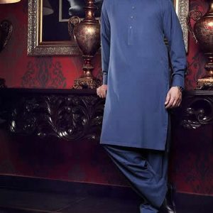 Plain kurta shalwar suit for men in yale blue color. Buttoned cuffs kurta with matching shalwar