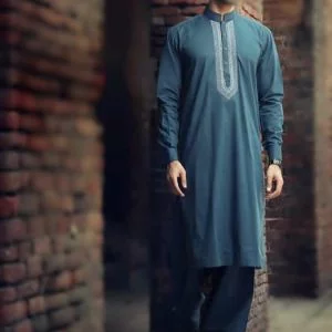 Embroidered kurta shalwar suit for men in Pine green. buttoned cuffs embroidered front kurta with matching shalwar