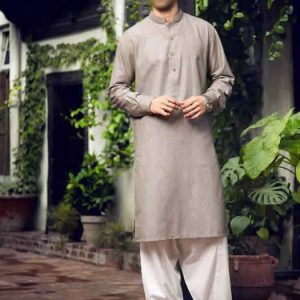 Kurta shalwar for men in isabelline color, buttoned cuffs kurta comes with white shalwar