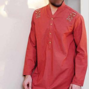 Amir adnan men's kurta salwar in vermilion, embroidered motifs on shoulders