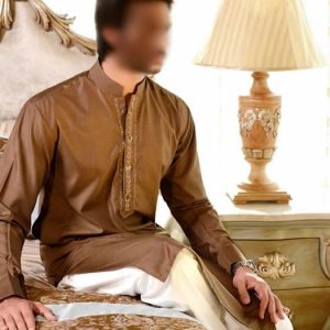 Menswear kurta salwar in cotton silk fabric. Old gold buttoned cuffs embroidered front kurta and white shalwar