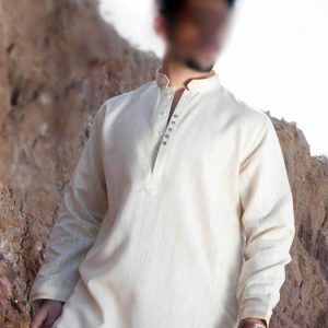 Cream kurta shalwar for men in cotton silk with embroidered collar, front and sleeves cuffs