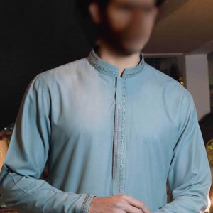 Amir adnan kurta shalwar suit for men in rainshower color, embroidered collar, front and sleeves cuffs