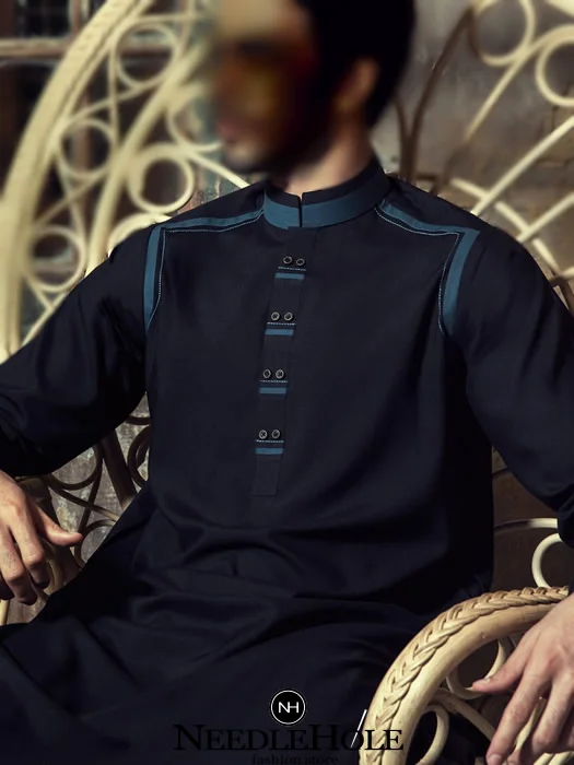 Dynasty kurta shalwar suit for men in dark prussian blue color