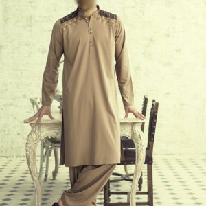 Formal kurta shalwar for men in cotton silk fabric, beautiful embroidered shoulder kurta shalwar suit in flax color