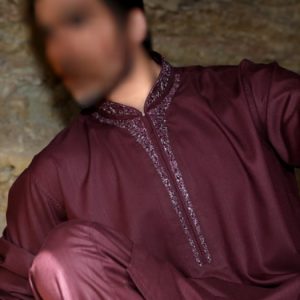 Pakistani kurta shalwar suit for men tuscan red color. Embroidered collar and front kurta shalwar suit