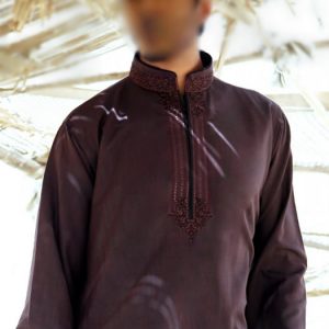 Embroidered mens kurta shalwar for engagement party in Purple taupe color. Beautiful embroidered collar and kurta front