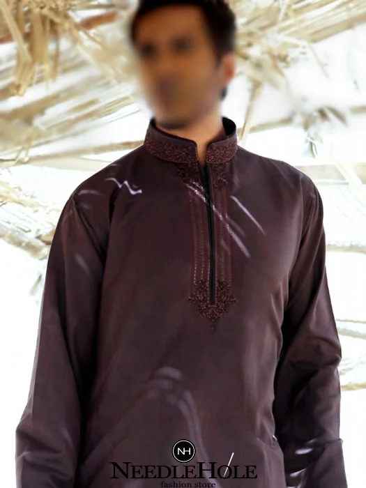 Embroidered mens kurta shalwar for engagement party in Purple taupe color. Beautiful embroidered collar and kurta front