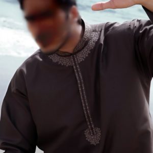 Mens formal kurta shalwar suit in medium taupe color. Cotton yarn kurta shalwar suit with beautiful embroidered collar, neck and front