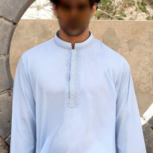 Alice blue kurta shalwar suit for men, embroidered collar and front designer kurta
