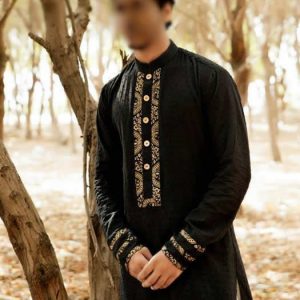 Men's kurta shalwar in black color by hsy. Embroidered front and sleeves, buttons detail on kurta front