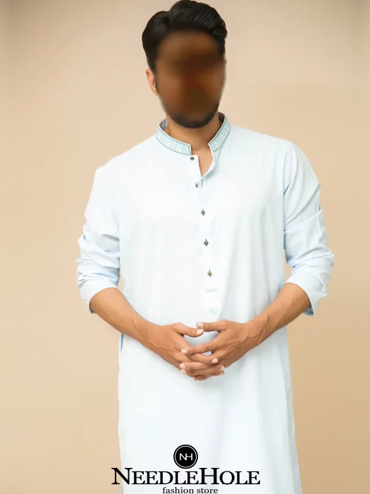 Stunning embroidered kurta salwar dress for men in ghost white colour