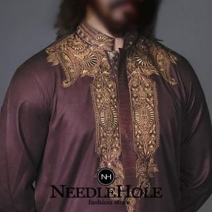 Formal Pakistani groom kurta shalwar suit in seal brown color perfect for mehndi event