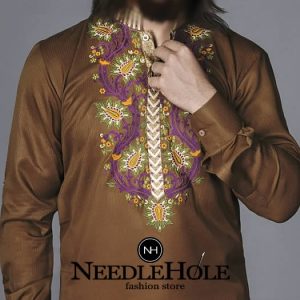Designer Pakistani mens kurta shalwar design for mehndi party in brown color