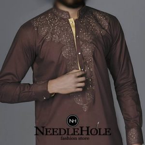 Formal menswear kurta shalwar suit in bistre color