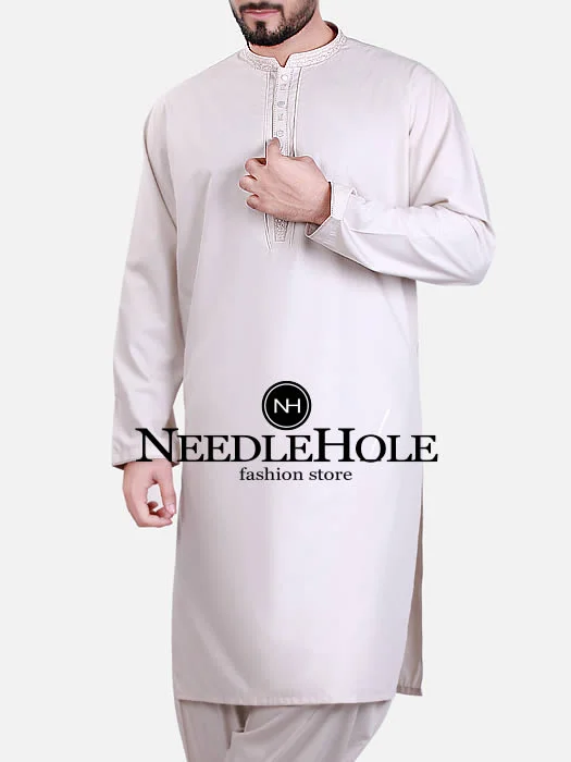 Embroidered kurta salwar suit for men in beige color