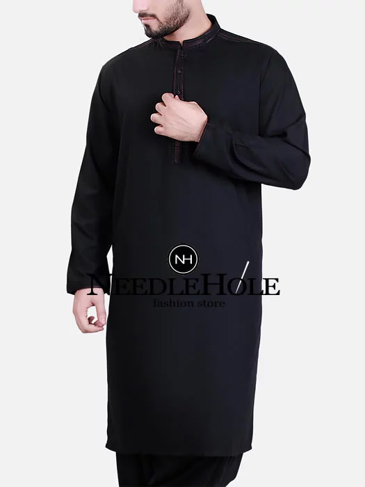 Embroidered kurta salwar suit for men in smoky black color