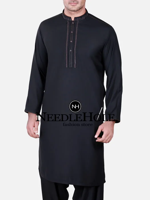 Embroidered men kurta salwar outfit in black color