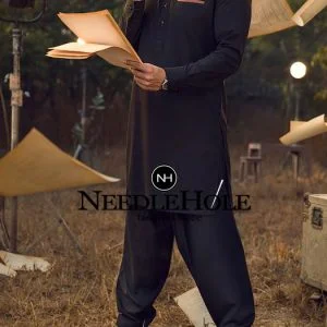Outstanding front pocket black kurta shalwar design for men