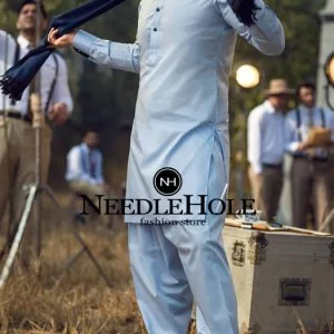 Sky blue kurta shalwar design for men with contrast collar