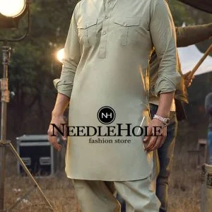 Double pocket shalwar kameez design for men with epaulet shoulders in beige color
