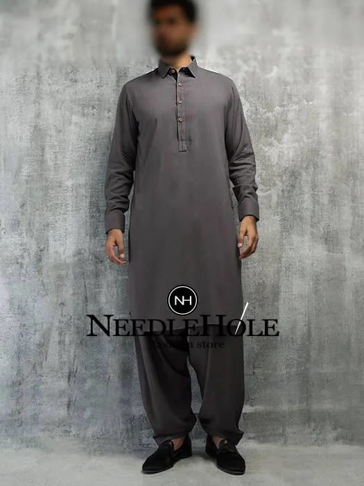 Beautiful gray shalwar kameez suit for men with contrast detail on placket