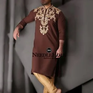 MSK401375 Embroidered party kurta pajama suit for men in maroon color with golden pajama
