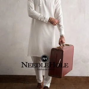 Asymmetrical off white kurta pajama suit for men with golden buttons