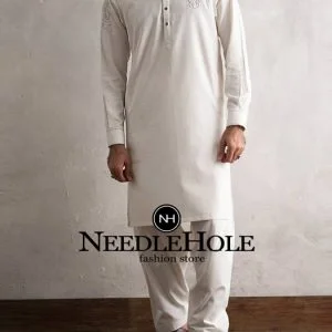 Off white kurta shalwar suit with embroidery motif on chest and bicep