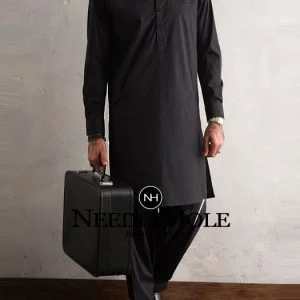 Simple black shalwar kameez suit for man dual side pockets
