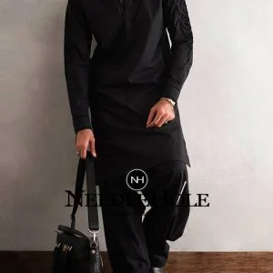 Unique man kurta shalwar suit with embroidery on sleeves in black color