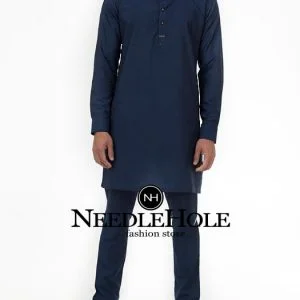 Slim fit short length kurta with pajama for man in navy blue color