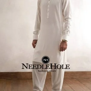 Smart man casual salwar kameez suit with golden buttons in off white color