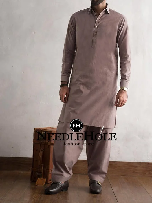 Simple Pakistani designer salwar kameez for man in khaki color