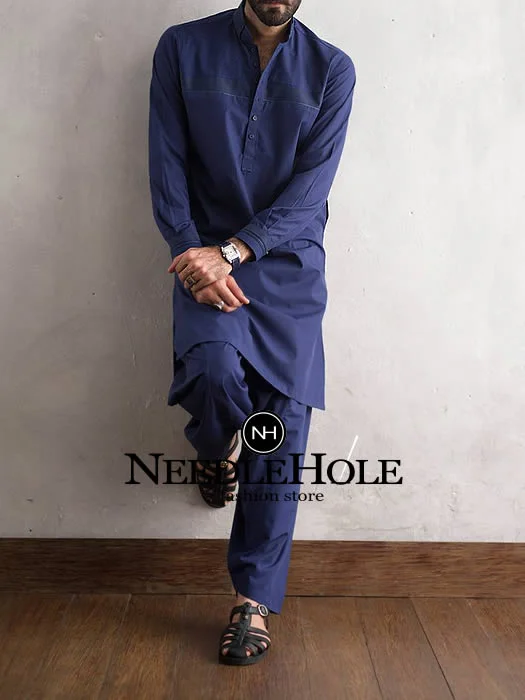 Simple Pakistani designer man kurta shalwar with folded collar in dark blue color