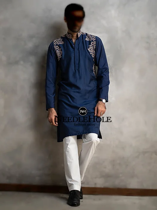 Embroidered Pakistani kurta pajama suit for wedding in duke blue color