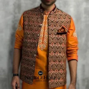 Alluring embroidered waistcoat for groom in black color suiting fabric