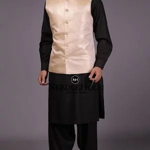 Lovely jamawar men waistcoat in light cream color