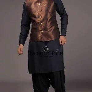 Classy simple men waistcoat in dark brown jamawar