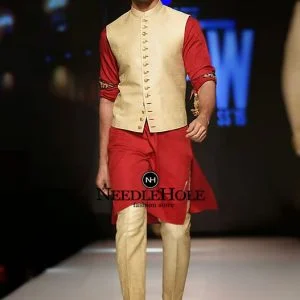 Dashing light golden waistcoat for men in jamawar fabric