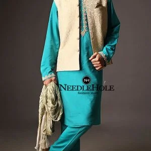 Designer waistcoat for men in light gold jamawar fabric